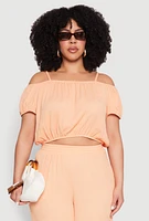 Womens Plus Size Almost Famous Textured Knit Cold Shoulder Crop Top, Orange, Size 3X