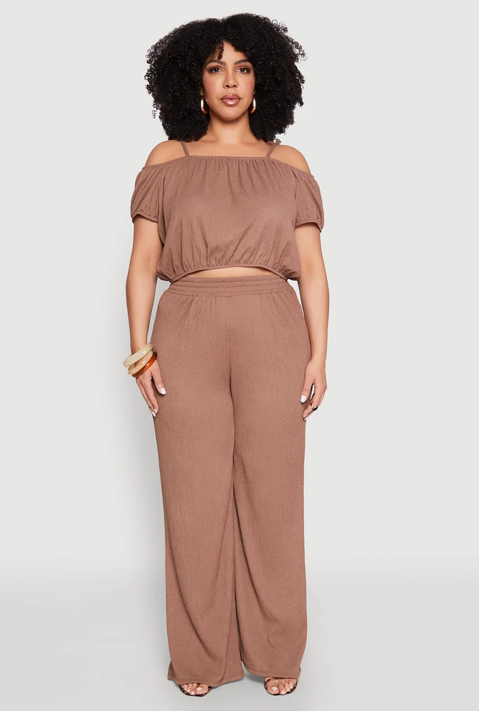 Womens Plus Size Almost Famous Textured Knit Wide Leg Pants, Brown, Size 3X