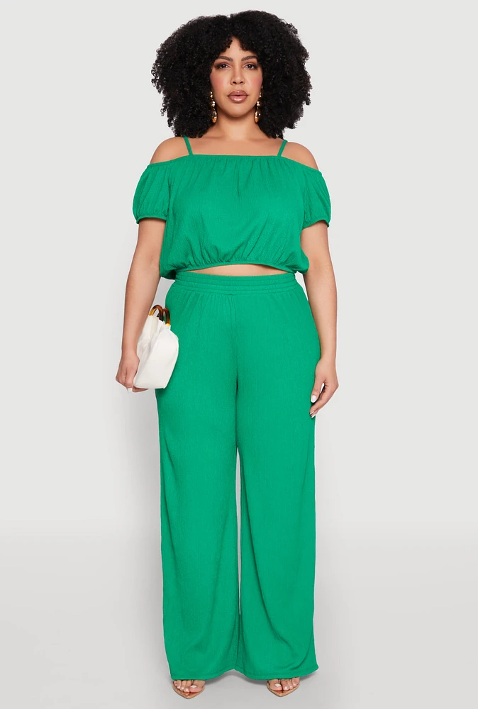 Womens Plus Size Almost Famous Textured Knit Wide Leg Pants, Green, Size 3X
