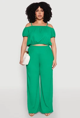 Womens Plus Size Almost Famous Textured Knit Wide Leg Pants, Green, Size 3X