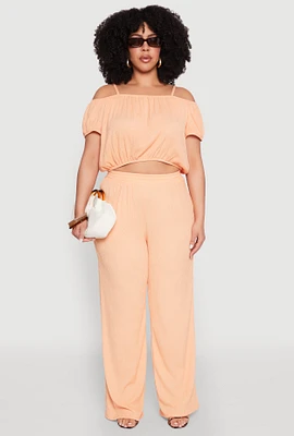 Womens Plus Size Almost Famous Textured Knit Wide Leg Pants, Orange, Size 2X