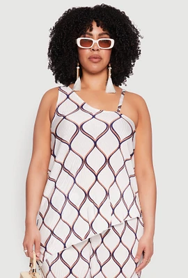 Womens Plus Almost Famous Printed Plisse Asymmetrical Blouse, Pink,