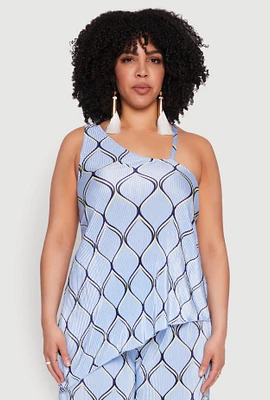 Womens Plus Size Almost Famous Printed Plisse Asymmetrical Blouse, Blue, Size 1X