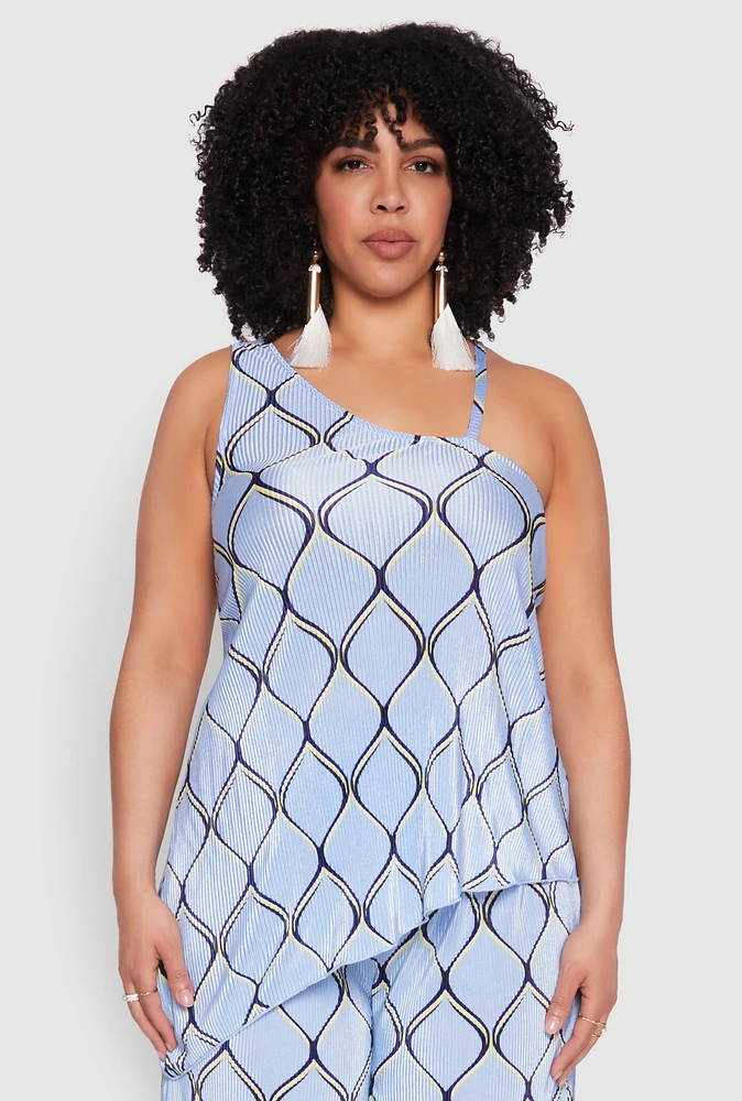 Womens Plus Almost Famous Printed Plisse Asymmetrical Blouse,