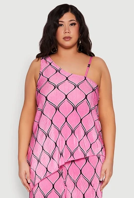 Womens Plus Almost Famous Printed Plisse Asymmetrical Blouse, Pink,