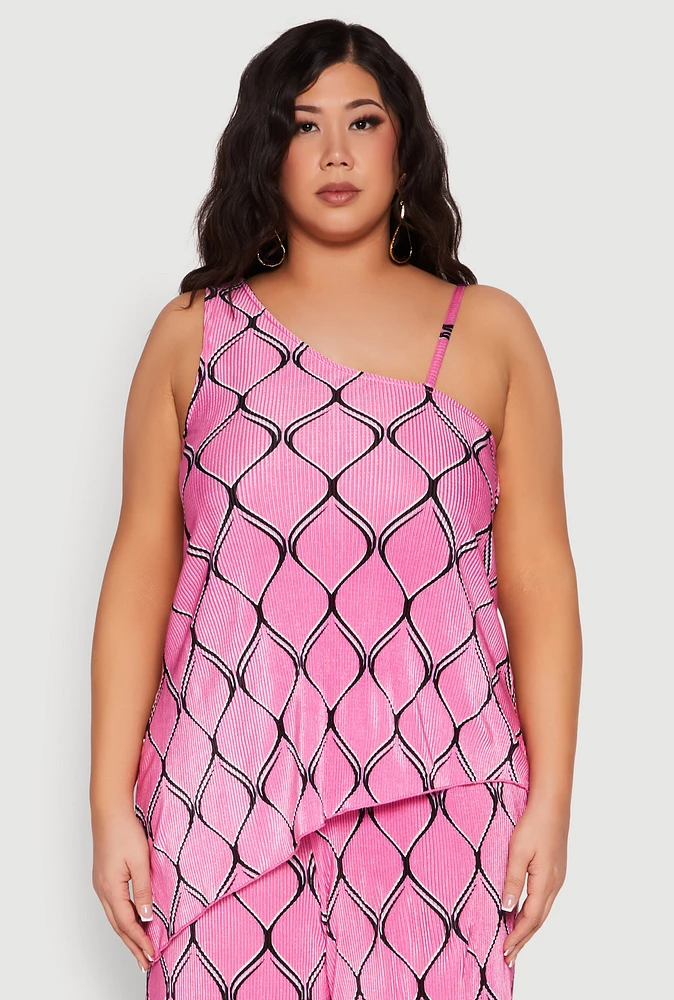Womens Plus Size Almost Famous Printed Plisse Asymmetrical Blouse, Pink, Size 1X