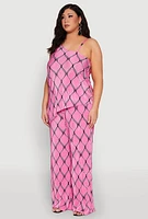 Womens Plus Almost Famous Printed Plisse Asymmetrical Blouse, Pink,