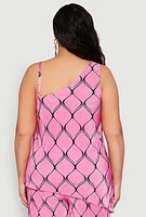 Womens Plus Almost Famous Printed Plisse Asymmetrical Blouse, Pink,