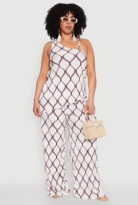 Womens Plus Size Almost Famous Printed Plisse Wide Leg Pants, White, Size 3X