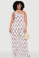 Womens Plus Size Almost Famous Printed Plisse Wide Leg Pants, White, Size 3X