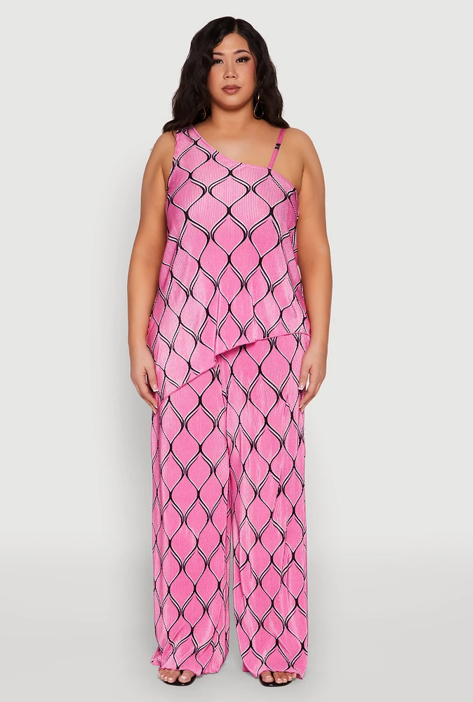 Womens Plus Almost Famous Printed Plisse Wide Leg Pants, Pink,