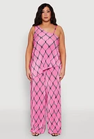 Womens Plus Almost Famous Printed Plisse Wide Leg Pants, Pink,