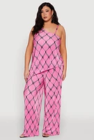 Womens Plus Almost Famous Printed Plisse Wide Leg Pants, Pink,
