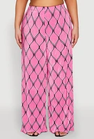 Womens Plus Almost Famous Printed Plisse Wide Leg Pants, Pink,