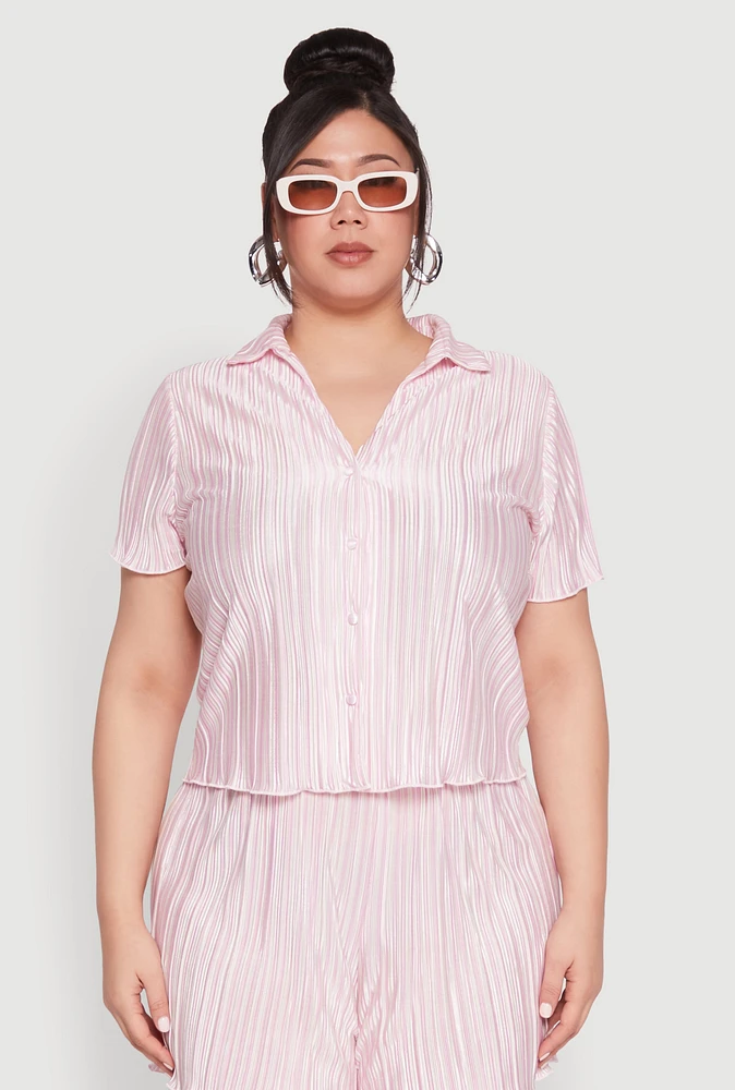 Womens Plus Size Almost Famous Plisse Striped Shirt, Pink, Size 2X