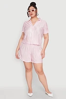 Womens Plus Size Almost Famous Plisse Striped Shirt, Pink, Size 2X