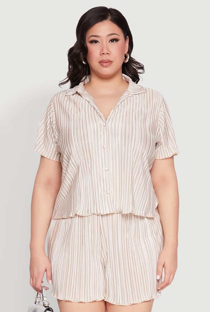 Womens Plus Almost Famous Plisse Striped Shirt, Beige,