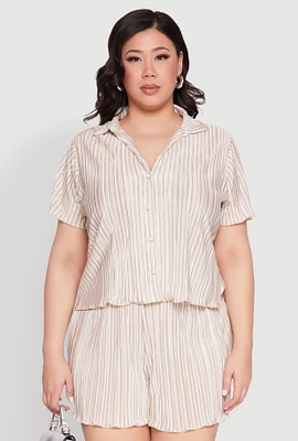 Womens Plus Almost Famous Plisse Striped Shirt, Beige,