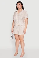 Womens Plus Almost Famous Plisse Striped Shirt, Beige,