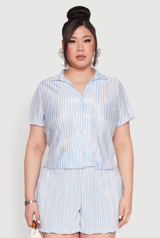 Womens Plus Almost Famous Plisse Striped Shirt,