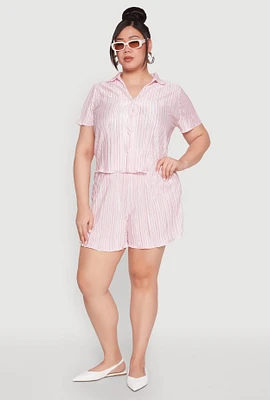 Womens Plus Almost Famous Plisse Striped Shorts, Pink,