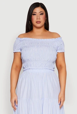 Womens Plus Almost Famous Striped Smocked Crop Top, Blue,