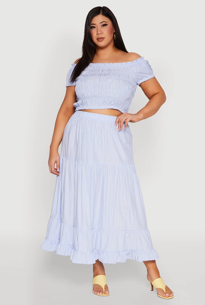 Womens Plus Size Almost Famous Striped Tiered Maxi Skirt, Blue, Size 3X