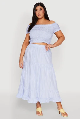 Womens Plus Size Almost Famous Striped Tiered Maxi Skirt, Blue, Size 3X
