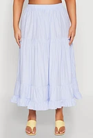 Womens Plus Size Almost Famous Striped Tiered Maxi Skirt, Blue, Size 3X