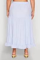 Womens Plus Size Almost Famous Striped Tiered Maxi Skirt, Blue, Size 3X