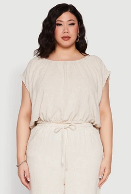 Womens Plus Linen Dolman Sleeve Crop Top, Beige,