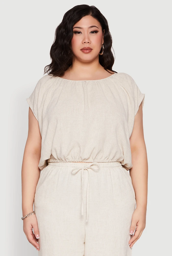 Womens Plus Size Linen Dolman Sleeve Crop Top, Beige, Size 3X