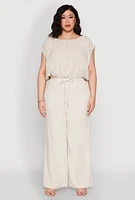 Womens Plus Size Linen Dolman Sleeve Crop Top, Beige, Size 3X
