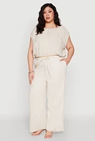 Womens Plus Size Linen Dolman Sleeve Crop Top, Beige, Size 3X