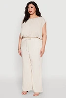 Womens Plus Size Linen Dolman Sleeve Crop Top, Beige, Size 3X