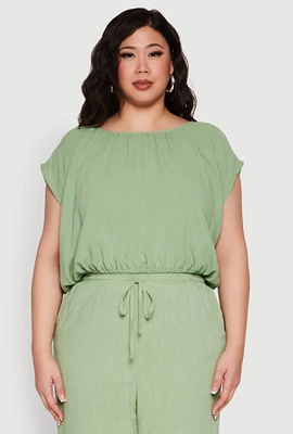 Womens Plus Size Linen Dolman Sleeve Crop Top, Green, Size 2X