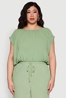 Womens Plus Size Linen Dolman Sleeve Crop Top, Green, Size 2X