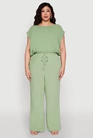 Womens Plus Size Linen Dolman Sleeve Crop Top, Green, Size 2X
