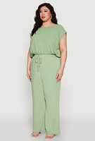 Womens Plus Size Linen Dolman Sleeve Crop Top, Green, Size 2X