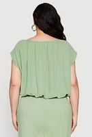 Womens Plus Size Linen Dolman Sleeve Crop Top, Green, Size 2X
