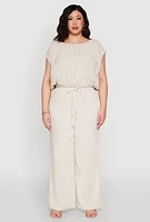 Womens Plus Size Linen High Waisted Pants, Khaki, Size 1X