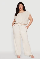 Womens Plus Size Linen High Waisted Pants, Khaki, Size 1X