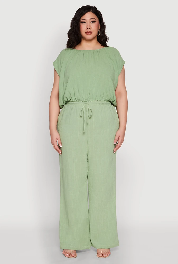 Womens Plus Size Linen High Waisted Pants, Green, Size 2X