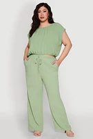 Womens Plus Size Linen High Waisted Pants, Green, Size 2X