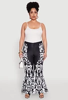 Womens Plus Size Contrast Print Flared Pants, Black, Size 2X