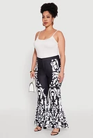 Womens Plus Size Contrast Print Flared Pants, Black, Size 2X