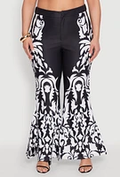 Womens Plus Size Contrast Print Flared Pants, Black, Size 2X