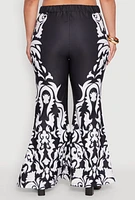 Womens Plus Size Contrast Print Flared Pants, Black, Size 2X