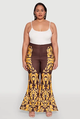 Womens Plus Size Contrast Print Flared Pants, Brown, Size 2X