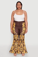 Womens Plus Size Contrast Print Flared Pants, Brown, Size 1X